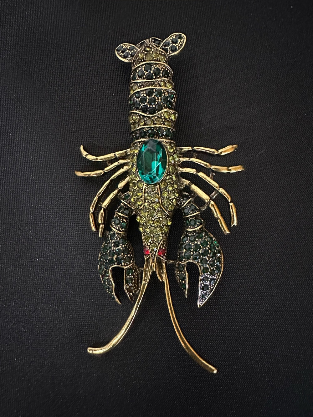 Gold-Tone Green Rhinestone Lobster Brooch